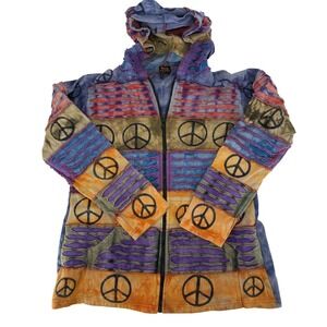 Rising International Peace Sign Patchwork Tie Dye Razor‎ Cut Hoodie Mens Medium
